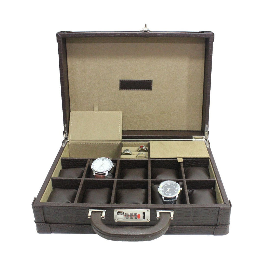 Dama Stile SKH47, Crocodile Patterned Pu-Leather, 10 Watch Box, Jewelry Bag  